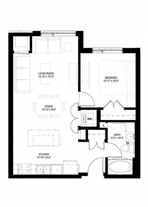 Floor plan for 1 bed, 1 bath, 671 sqft
